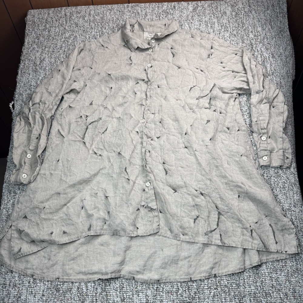 Grizas Blouse Womens 3XL Shirt Tunic Washed Linen Long Sleeve Relaxed Gray